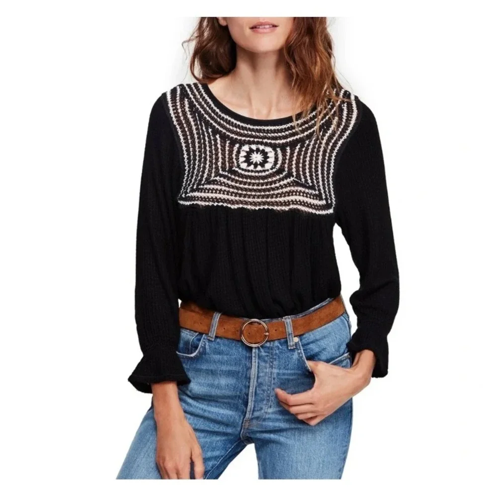 NWT Free People Soul Mate Top Women's Small Black White Crochet Lace Applique